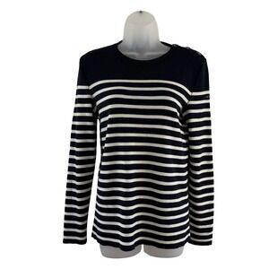 Batela Sea Style Sweater Womens Medium Navy White Breton Stripe Button Shoulder